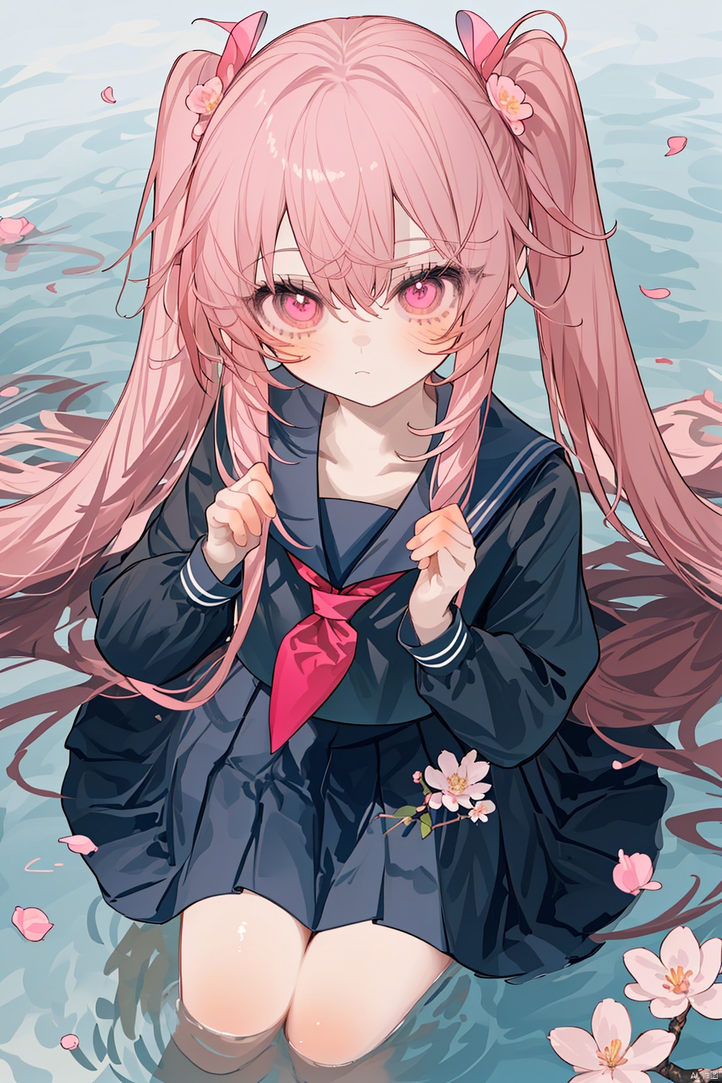 
1girl, solo, long_hair, pink_hair, cherry_blossoms, skirt, very_long_hair, ripples, school_uniform, twintails, black_skirt, reflection, serafuku, from_above, neckerchief, shirt, pleated_skirt, pink_eyes, sailor_collar, long_sleeves, black_shirt, flower, black_serafuku, sitting, water, looking_up, bangs, looking_at_viewer, petals, closed_mouth, black_sailor_collar
