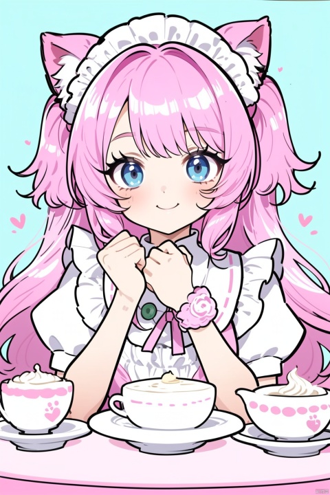  A cute girl sits at a round table with many cakes in fresh and cute colors, catgirl, smile, pink hair, maid_uniform, loli, 