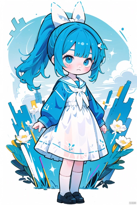  masterpiece, solo,loli, blue hair,blue eyes,high ponytail,high ponytail, blush, frilled shirt collar,facula,spot,messy hair,fipped hair,floating hair,(petite),(loli),(solo),blank stare, white ribbon, (full body),blue sky,cloudy,white serafuku,white skirt,
Contrast between warm and cold, colors, 372089, cuteloli, CH