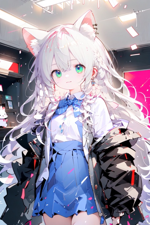  best quality, amazing quality, very aesthetic,single_braid, 1girl, animal_ears, virtual_youtuber, sidelocks, tail, shirakami_fubuki, green_eyes, hair_between_eyes, looking_at_viewer, fox_ears, fox_girl, bangs, fox_tail, braid, skirt, long_hair, white_shirt, blush, thighhighs, cardigan, bag, ahoge, red_bow, solo, shirt, fox_shadow_puppet, bow, white_hair, holding, chalk, indoors, black_thighhighs, red_bowtie, plaid_skirt, bowtie, smile, plaid, school_uniform, petals, yellow_cardigan, pleated_skirt, collared_shirt, hand_in_pocket, red_skirt, pentagram, blurry_background, blurry, chalkboard, jewelry, yellow_sweater, heart, breasts, earrings, small_breasts, long_sleeves, backlight