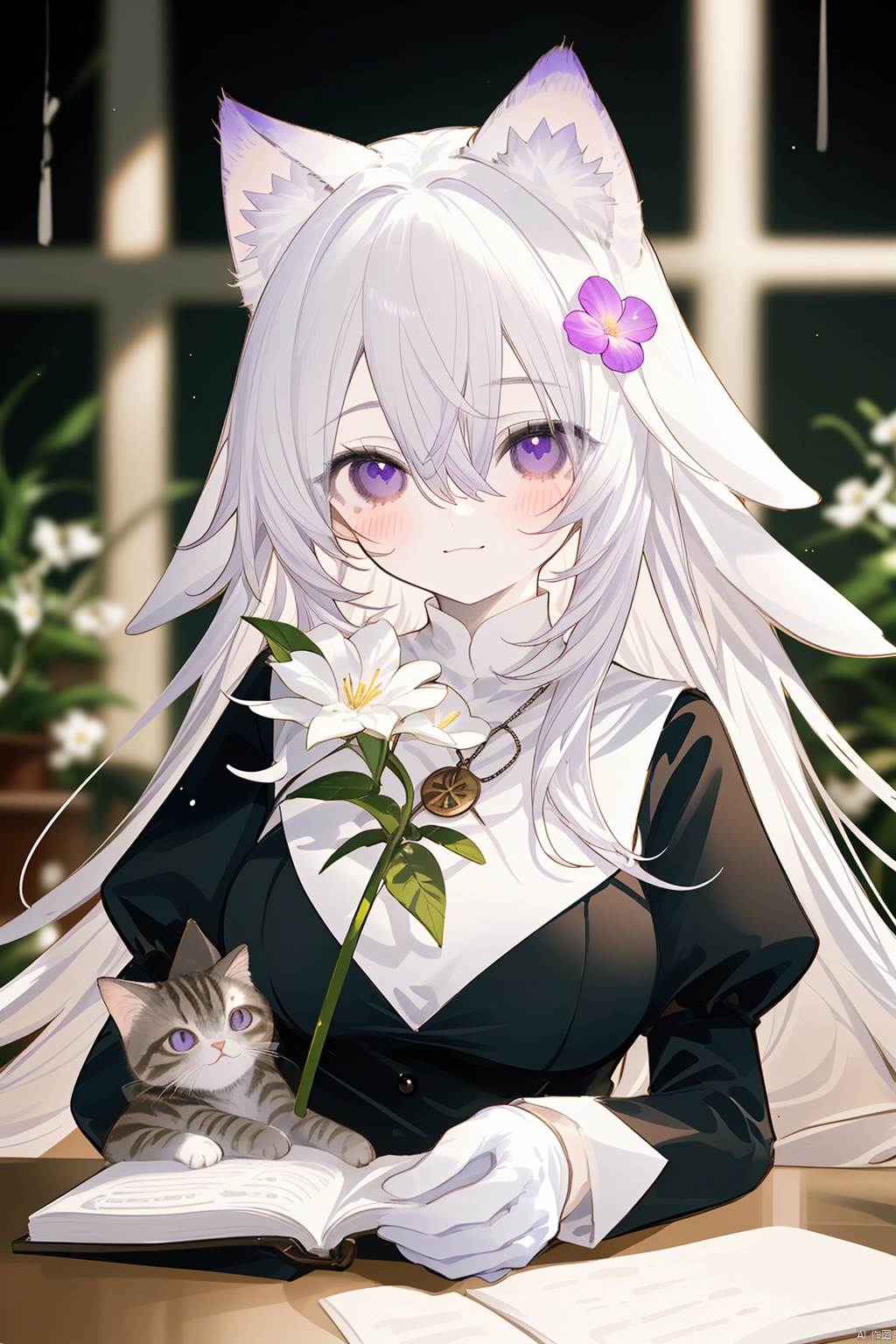  Character Features:

1girl, solo, long hair, breasts, blurry_background, blush, smile, bangs, gloves, long sleeves, nun dress, holding, animal ears, hair between eyes, jewelry, closed mouth, purple eyes, upper body, flower, white hair, virtual youtuber, necklace, black dress, animal ear fluff, cross, holding flower,church, nun,
Color Suggestions:

Use soft, warm tones like pink, beige, or light purple to create a warm ambiance for the character.

Apply light color contrasts and layers in clothing and background, such as pale blue or off-white, to highlight the figure.

The light and shadow should be soft and natural, simulating natural light to achieve a warm and inviting effect.

Background Suggestions:

Keep it simple, blurry background, using light-toned, undisturbed backgrounds or natural elements like distant hills or gently fluttering curtains to complement the character's tranquility and softness.

Consider adding a few faint flowers or delicate plant details to enhance the harmony between the character and her environment.


Posture and Movement:



Relaxed and natural posture, either sitting or standing, with gentle movements such as lightly touching a flower, playing with a cat, or quietly reading a book.

Ensure smooth and graceful hand lines to convey the character's gentleness and delicacy.


I hope these suggestions inspire you as you create your gentle female character. Remember to relax and enjoy the process, infusing the character with your own emotions and stories., nai3