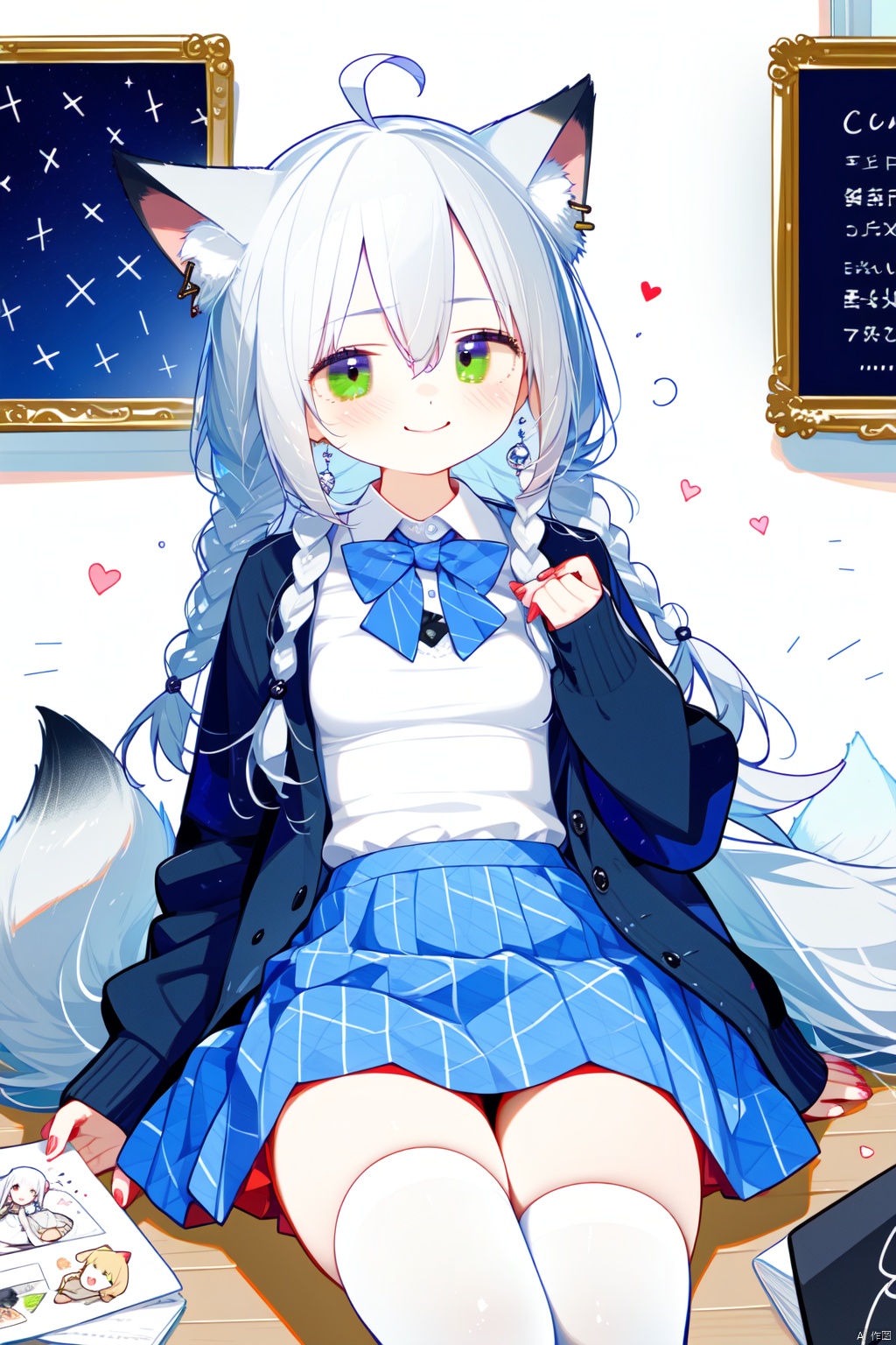  best quality, amazing quality, very aesthetic,single_braid, 1girl, animal_ears, virtual_youtuber, sidelocks, tail, shirakami_fubuki, green_eyes, hair_between_eyes, looking_at_viewer, fox_ears, fox_girl, bangs, fox_tail, braid, skirt, long_hair, white_shirt, blush, thighhighs, cardigan, bag, ahoge, red_bow, solo, shirt, fox_shadow_puppet, bow, white_hair, holding, chalk, indoors, black_thighhighs, red_bowtie, plaid_skirt, bowtie, smile, plaid, school_uniform, petals, yellow_cardigan, pleated_skirt, collared_shirt, hand_in_pocket, red_skirt, pentagram, blurry_background, blurry, chalkboard, jewelry, yellow_sweater, heart, breasts, earrings, small_breasts, long_sleeves, backlight