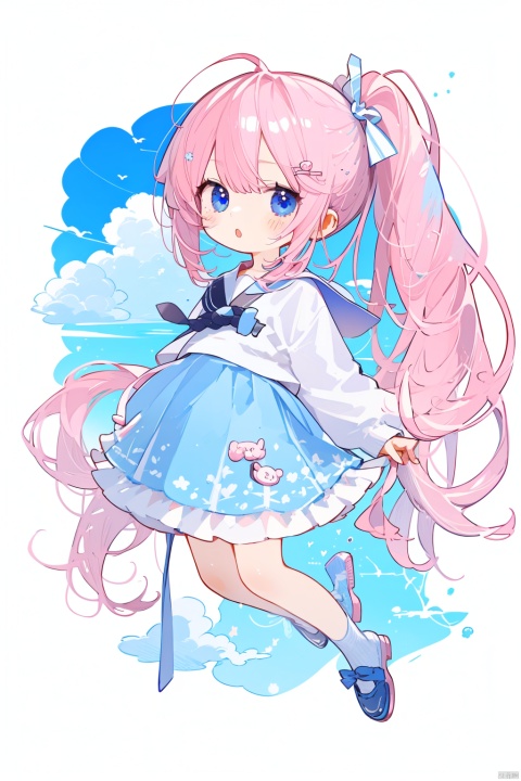  white background, solo,loli, pink hair,blue eyes,high ponytail,high ponytail, blush,smile, :o, frilled shirt collar,facula,spot,messy hair,fipped hair,floating hair,(petite),(loli),(solo),blank stare, white ribbon, (full body),blue sky,cloudy,white serafuku,white skirt,