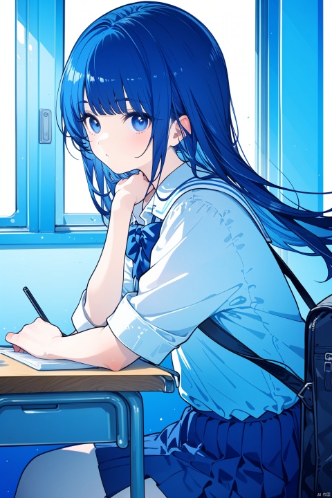  1girl, solo, long hair, looking at viewer, in the classroom, school uniform, close up, panorama, cute girl, carrying a schoolbag, fresh, sitting, blue theme