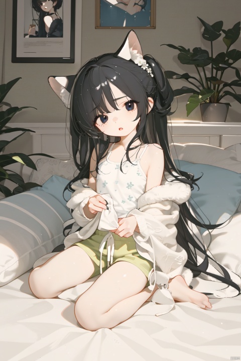 1girl, solo, long hair, looking at viewer, bangs, black hair, bare shoulders, sitting, full body, parted lips, shorts, barefoot, indoors, off shoulder, lips, head tilt, parted bangs, pillow, fur trim, window, on bed, wariza, plant, camisole, white shorts,