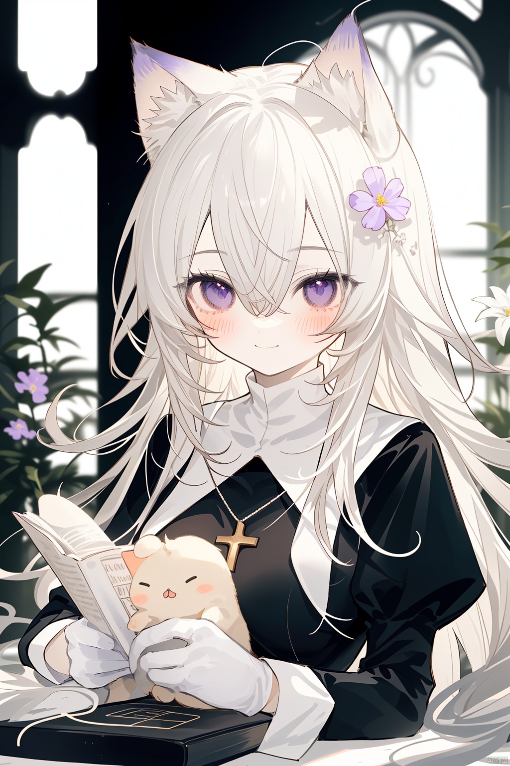  Character Features:

1girl, solo, long hair, breasts, blurry_background, blush, smile, bangs, gloves, long sleeves, nun dress, holding, animal ears, hair between eyes, jewelry, closed mouth, purple eyes, upper body, flower, white hair, virtual youtuber, necklace, black dress, animal ear fluff, cross, holding flower,church, nun,
Color Suggestions:

Use soft, warm tones like pink, beige, or light purple to create a warm ambiance for the character.

Apply light color contrasts and layers in clothing and background, such as pale blue or off-white, to highlight the figure.

The light and shadow should be soft and natural, simulating natural light to achieve a warm and inviting effect.

Background Suggestions:

Keep it simple, blurry background, using light-toned, undisturbed backgrounds or natural elements like distant hills or gently fluttering curtains to complement the character's tranquility and softness.

Consider adding a few faint flowers or delicate plant details to enhance the harmony between the character and her environment.


Posture and Movement:



Relaxed and natural posture, either sitting or standing, with gentle movements such as lightly touching a flower, playing with a cat, or quietly reading a book.

Ensure smooth and graceful hand lines to convey the character's gentleness and delicacy.


I hope these suggestions inspire you as you create your gentle female character. Remember to relax and enjoy the process, infusing the character with your own emotions and stories., nai3