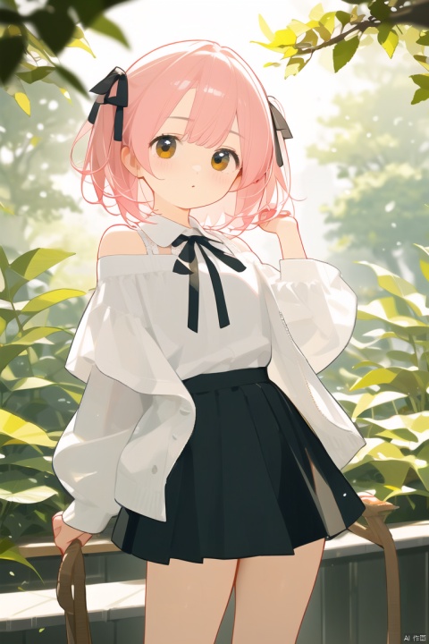  (masterpiece), (best quality), illustration, ultra detailed, hdr, Depth of field, (colorful),Artist weri, 1girl, solo, looking at viewer, leaf, short hair, holding leaf, brown eyes, skirt, long sleeves, off shoulder, hair ribbon, shirt, black skirt, blurry, ribbon, holding, bangs, pink hair, blush, black ribbon, covered mouth, white shirt, depth of field, hand up, blurry background, black shirt
