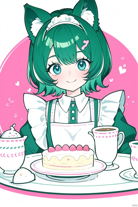  A cute girl sits at a round table with many cakes in fresh and cute colors, catgirl, smile, green hair, short hair, maid_uniform, loli, 