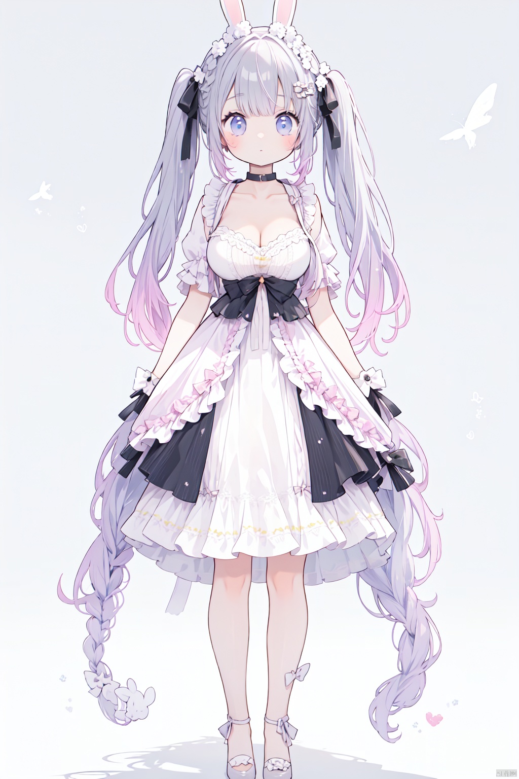  loli,petite,2_girls, bow, breasts, dress, full_body, gloves, gradient, gradient_background, grey_background, blurry, blurry_background, cat, cleavage, collarbone, Light and shadow contrast, long_hair, Low ponytail, black bow, bunny_rabbit, huge breats, standing, underwear, Sheath dress, white_gloves, white_legwear, CJ-BWD