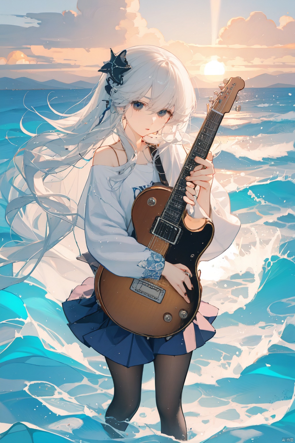 Masterpiece, (best quality, super detailed, crazy detailed: 1.2) , -SuperuHighhResolutiontion, sharp focus, perfect anatomy, cell animation, fantastic lighting) , super detailed, girPVC(pvc skirt) , wave background, splash, carrying electric guitar, playing guitar, multi-colored sea, ocean, solo, floating hair, sunset, beautiful light and shadow, loli, white pantyhose