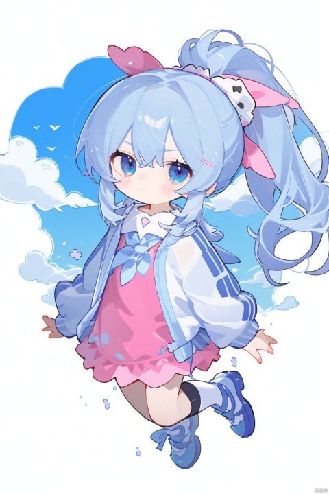 white background, solo,loli, blue hair,blue eyes,high ponytail,high ponytail, blush, frilled shirt collar,facula,spot,messy hair,fipped hair,floating hair,(petite),(loli),(solo),(pink open jacket),blank stare, white ribbon, (full body),blue sky,cloudy,white serafuku,white skirt,goldfish