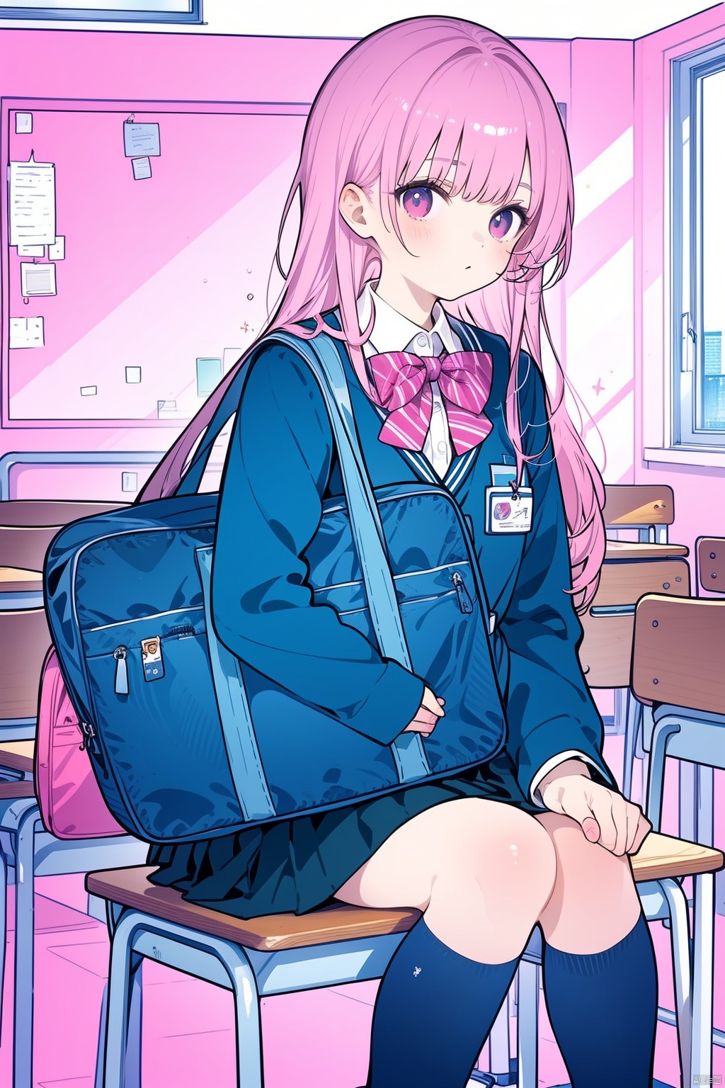  1girl, solo, long hair, looking at viewer, in the classroom, school uniform, panorama, cute girl, carrying a schoolbag, fresh, sitting, pink theme