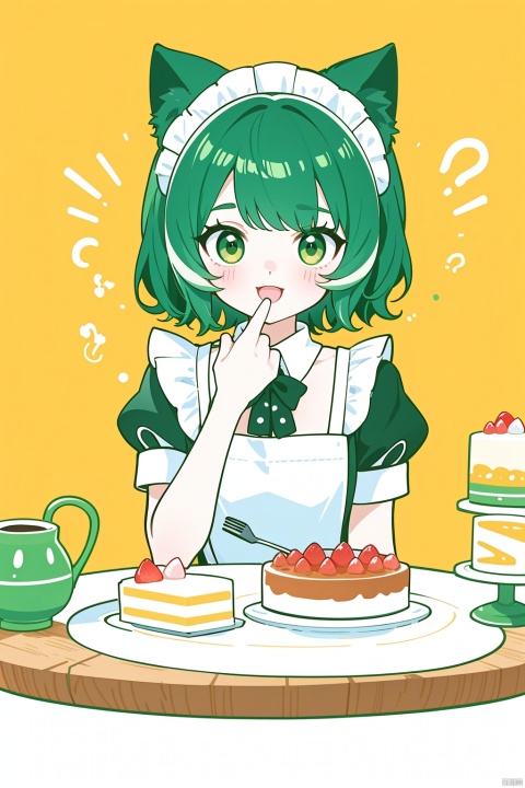  A cute girl sits at a round table with many cakes in fresh and cute colors, catgirl, :d, light green hair, short hair, maid_uniform, loli, wink, hand with fork, 