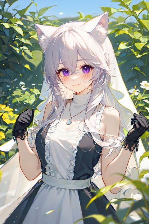 1girl, solo, long hair, breasts, blurry_background, blush, smile, bangs, gloves, bare shoulders, nun drees, animal ears, hair between eyes, closed mouth, purple eyes, upper body, flower, white hair, virtual youtuber, necklace, black dress, animal ear fluff, hands up, out door ,garden, nun, Light and shadow contrast, fairy tale girl