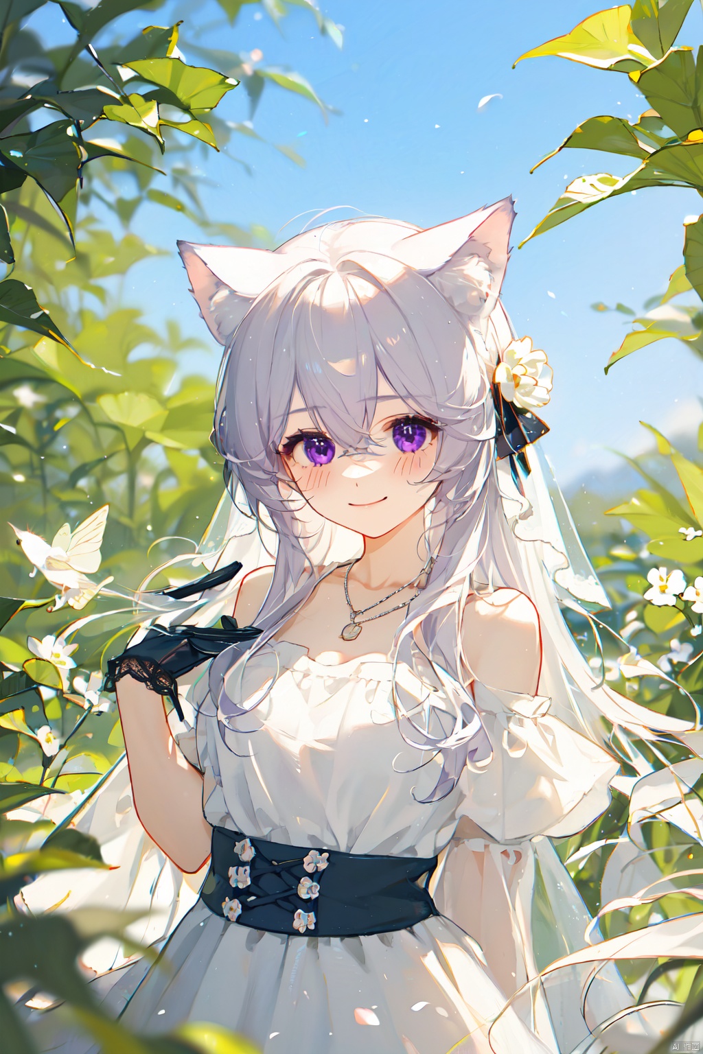 1girl, solo, long hair, breasts, blurry_background, blush, smile, bangs, gloves, bare shoulders, animal ears, hair between eyes, closed mouth, purple eyes, upper body, flower, white hair, virtual youtuber, necklace, black dress, animal ear fluff, hands up, out door ,garden, nun, Light and shadow contrast, fairy tale girl