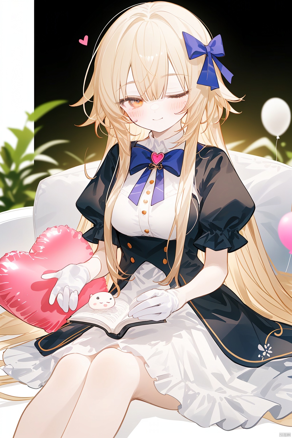  Character Features:

1girl, solo, long hair, breasts, blurry_background, blush, smileballoon, bangs, blonde_hair, blush, bow, closed_mouth, dress, eyebrows_visible_through_hair, frills, gloves, heart, heart_balloon, heart_pillow, holding, long_hair, looking_at_viewer, one_eye_closed, pink_bow,
Color Suggestions:

Use soft, warm tones like pink, beige, or light purple to create a warm ambiance for the character.

Apply light color contrasts and layers in clothing and background, such as pale blue or off-white, to highlight the figure.

The light and shadow should be soft and natural, simulating natural light to achieve a warm and inviting effect.

Background Suggestions:

Keep it simple, blurry background, using light-toned, undisturbed backgrounds or natural elements like distant hills or gently fluttering curtains to complement the character's tranquility and softness.

Consider adding a few faint flowers or delicate plant details to enhance the harmony between the character and her environment.


Posture and Movement:



Relaxed and natural posture, either sitting or standing, with gentle movements such as lightly touching a flower, playing with a cat, or quietly reading a book.

Ensure smooth and graceful hand lines to convey the character's gentleness and delicacy.


I hope these suggestions inspire you as you create your gentle female character. Remember to relax and enjoy the process, infusing the character with your own emotions and stories., nai3