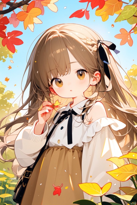 (masterpiece), (best quality), illustration, ultra detailed, hdr, Depth of field, (colorful),Artist weri, 1girl, solo, looking at viewer, leaf, long hair, holding leaf, brown eyes, skirt, long sleeves, ginkgo leaf, off shoulder, hair ribbon, shirt, brown skirt, blurry, ribbon, holding, bangs, brown hair, blush, black ribbon, covered mouth, white shirt, depth of field, hand up, blurry background, autumn leaves, (\shen ming shao nv\), tuyagirl
