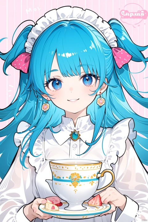 1girl, solo, long hair, looking at viewer, smile, bangs, blue eyes, dress, holding, jewelry, blue hair, upper body, earrings, food, striped, white dress, two side up, cup, maid headdress, aqua hair, fruit, pink background, plate, teacup, cake