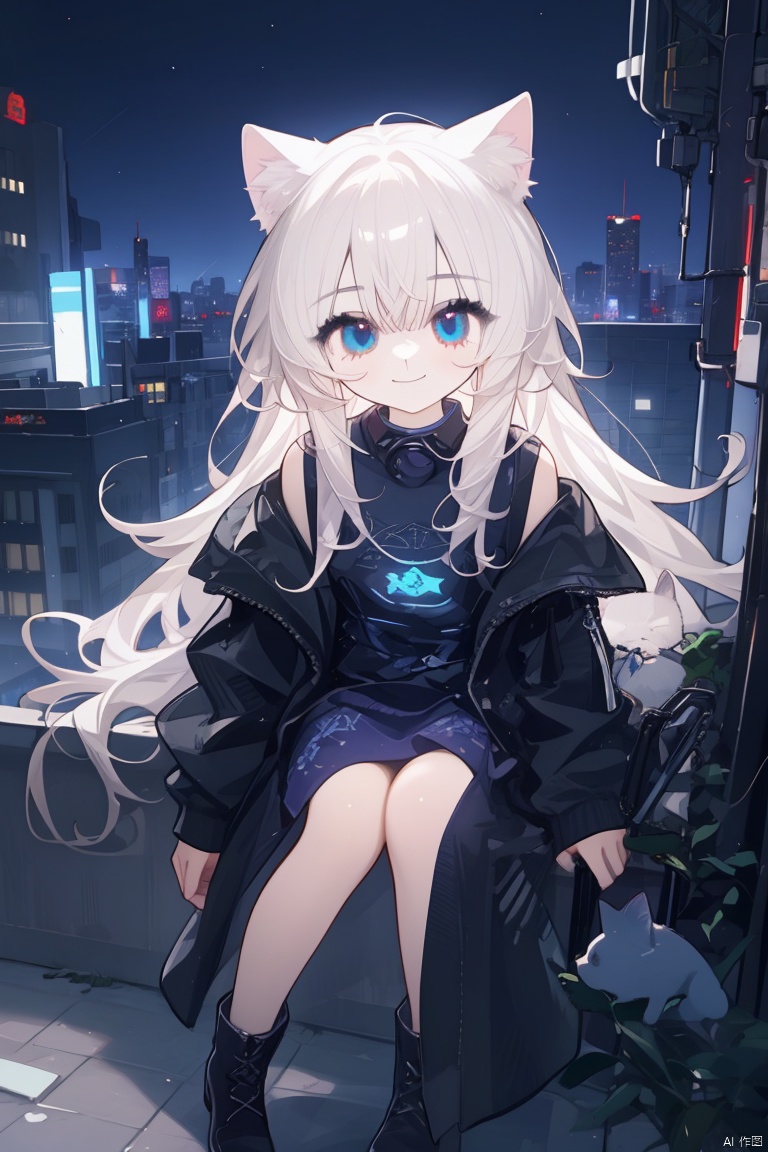  1girl, solo,1girl, solo, long hair, looking at viewer, Beautiful girl, perfect face,smile, 1girl, catgirl, white hair, deep blue eyes, sitting on a rooftop, urban cityscape, night view, neon lights, sleek design, futuristic vibe, confident stance, mysterious aura, cyberpunk setting,contour light, high detail, 8K,cuteloli, nai3, (/qingning/)