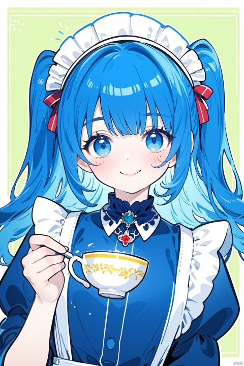 1girl, solo, long hair, looking at viewer, smile, bangs, blue eyes, dress, holding, jewelry, blue hair, upper body, food, striped, maid uniform, two side up, cup, maid headdress, aqua hair, fruit, plate, teacup, many cakes