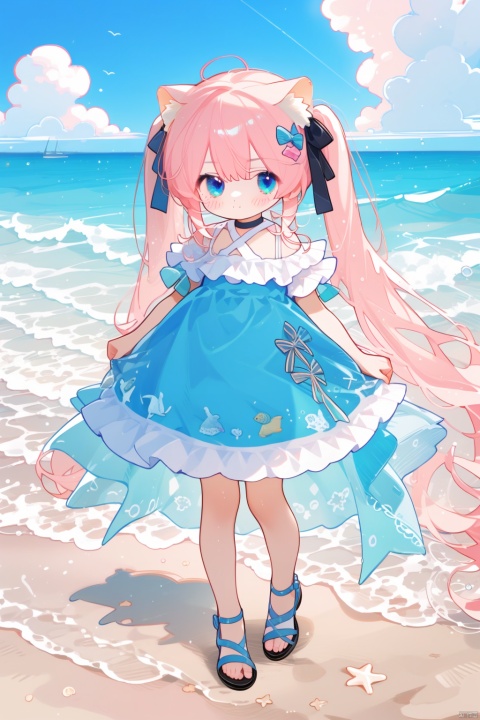 1girl, solo, looking at viewer, blush, bangs, blue eyes, dress, bow, animal ears, twintails, closed mouth, standing, full body, pink hair, short sleeves, hair bow, outdoors, frills, sky, choker, day, puffy sleeves, cloud, water, black footwear, blue sky, puffy short sleeves, ocean, blue bow, beach, sandals, frilled dress, pink dress, sand, criss-cross halter