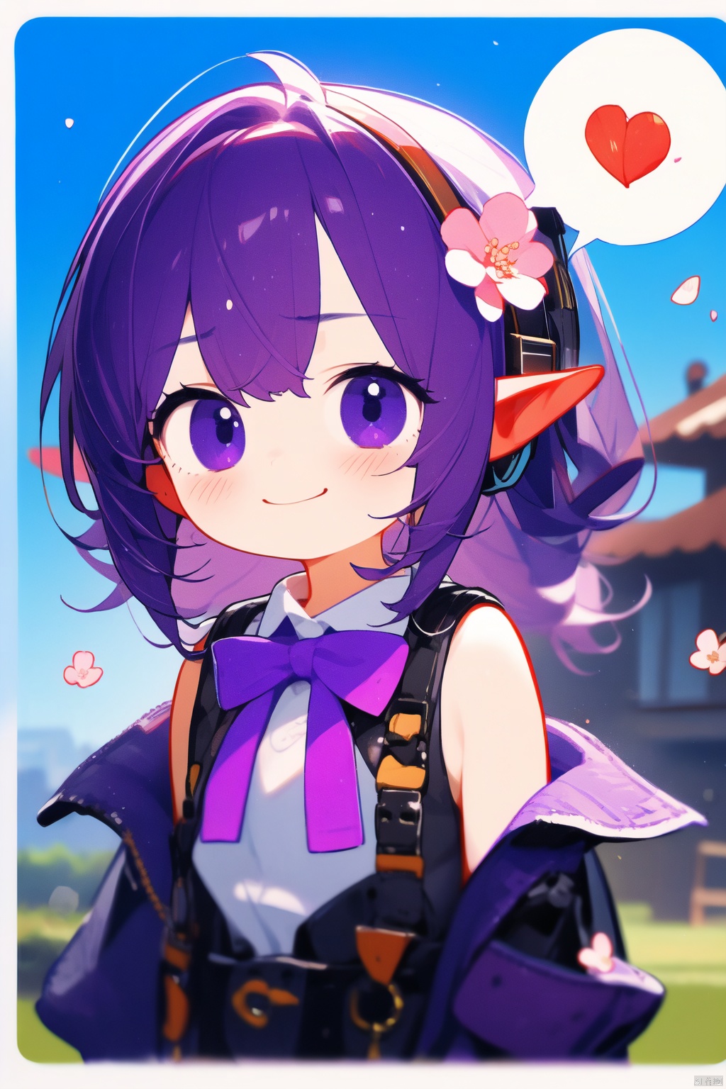  loli,petite,1girl, solo, closed mouth, smile, blurry, blurry_background, out door, cherry_blossoms,Blue Sky, bow, closed mouth, purple eyes, upper body, purple hair, sleeveless, pointy ears, bowtie, chibi, speech bubble, headphones, flying sweatdrops, wavy mouth, cropped torso, lalafelltuyagirl
