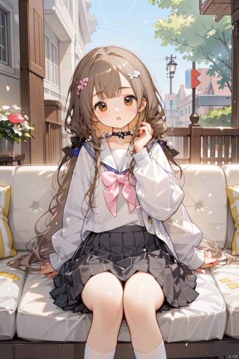 (best quality,,highres,masterpiece:1.2),1girl,:o,black choker,black sailor collar,black skirt,blurry,blurry foreground,bow,braid,brown eyes,brown hair,choker,collarbone,day,depth of field,feet out of frame,hair bow,hand up,long hair,long sleeves,outdoors,pleated skirt,puffy long sleeves,puffy sleeves,sailor collar,school uniform,shirt,sitting,skirt,socks,solo,spring rider,white shirt,white socks,yellow bow, girl