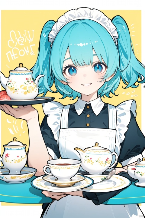 1girl, solo, sitting on the table, smile, blue eyes, dress, holding, blue hair,  food, many cakes, striped, maid uniform, white dress, two side up, cup, maid headdress, aqua hair, fruit, plate, teacup, nai3