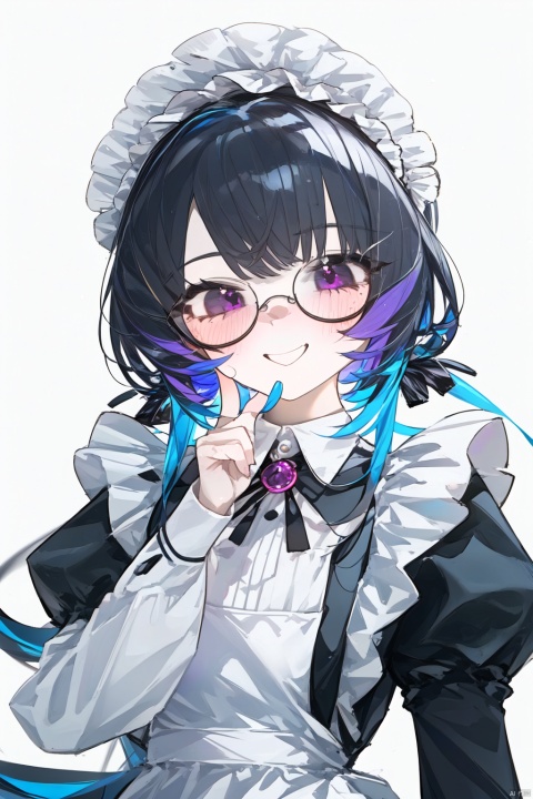  masterpiece, best quality, cute, kawaii, 1girl, solo, black hair, glasses, maid, colored inner hair, long hair, maid headdress, multicolored hair, smile, looking at viewer, apron, blush, upper body, simple background, blue hair, black-framed eyewear, bangs, purple eyes, maid apron, dress, finger to mouth, two-tone hair, closed mouth, long sleeves, index finger raised, black dress, white apron, collared dress, puffy sleeves, frills, hand up,