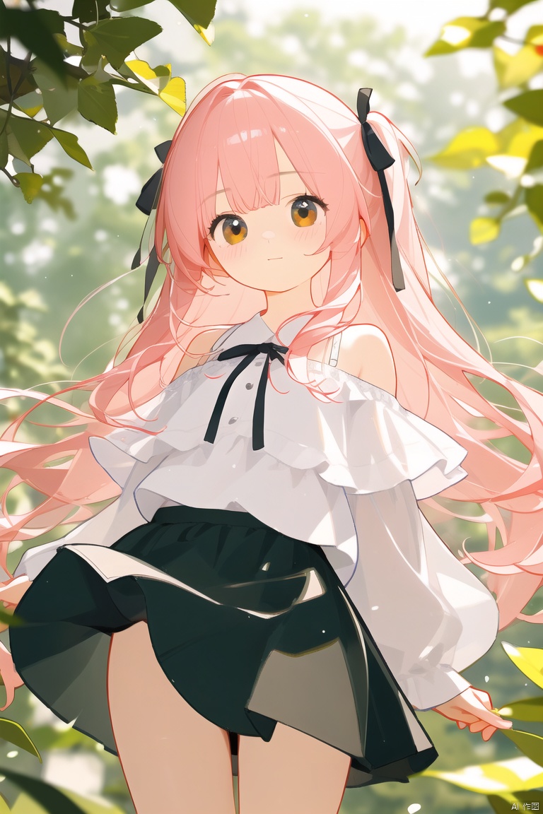 (masterpiece), (best quality), illustration, ultra detailed, hdr, Depth of field, (colorful),Artist weri, 1girl, solo, looking at viewer, leaf, long hair, holding leaf, brown eyes, skirt, off shoulder, Tight skirt, black skirt, blurry, ribbon, holding, bangs, pink hair, blush, black ribbon, covered mouth, white shirt, depth of field, hand up, blurry background,
