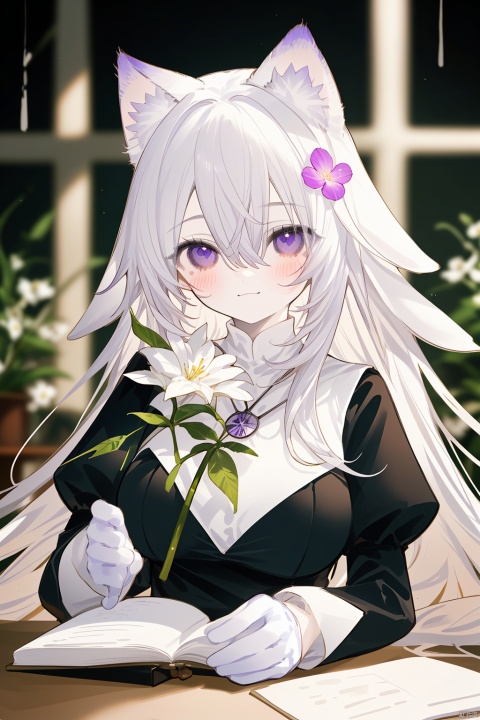  Character Features:

1girl, solo, long hair, breasts, blurry_background, blush, smile, bangs, gloves, long sleeves, nun dress, holding, animal ears, hair between eyes, jewelry, closed mouth, purple eyes, upper body, flower, white hair, virtual youtuber, necklace, black dress, animal ear fluff, cross, holding flower,church, nun,
Color Suggestions:

Use soft, warm tones like pink, beige, or light purple to create a warm ambiance for the character.

Apply light color contrasts and layers in clothing and background, such as pale blue or off-white, to highlight the figure.

The light and shadow should be soft and natural, simulating natural light to achieve a warm and inviting effect.

Background Suggestions:

Keep it simple, blurry background, using light-toned, undisturbed backgrounds or natural elements like distant hills or gently fluttering curtains to complement the character's tranquility and softness.

Consider adding a few faint flowers or delicate plant details to enhance the harmony between the character and her environment.


Posture and Movement:



Relaxed and natural posture, either sitting or standing, with gentle movements such as lightly touching a flower, playing with a cat, or quietly reading a book.

Ensure smooth and graceful hand lines to convey the character's gentleness and delicacy.


I hope these suggestions inspire you as you create your gentle female character. Remember to relax and enjoy the process, infusing the character with your own emotions and stories., nai3