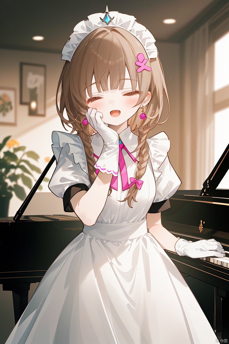 long hair, looking at viewer, blush, smile, open mouth, bangs, multiple girls, brown hair, hair ornament, gloves, long sleeves, dress, bow, holding, jewelry, closed eyes, braid, flower, short sleeves, earrings, frills, puffy sleeves, indoors, white gloves, 3girls, blunt bangs, necklace, white dress, blurry, :o, apron, black dress, puffy short sleeves, book, maid, maid headdress, window, rose, frilled dress, tiara, pink bow, instrument, pink dress, hand on own face, maid apron, music, hand on own cheek, book stack, piano, chandelier

Use soft, warm tones like pink, beige, or light purple to create a warm ambiance for the character.

Apply light color contrasts and layers in clothing and background, such as pale blue or off-white, to highlight the figure.

The light and shadow should be soft and natural, simulating natural light to achieve a warm and inviting effect.

blurry background, using light-toned, undisturbed backgrounds or natural elements like distant hills or gently fluttering curtains to complement the character's tranquility and softness.

Consider adding a few faint flowers or delicate plant details to enhance the harmony between the character and her environment.

Ensure smooth and graceful hand lines to convey the character's gentleness and delicacy.