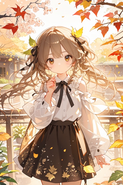 (masterpiece), (best quality), illustration, ultra detailed, hdr, Depth of field, (colorful),Artist weri, 1girl, solo, looking at viewer, leaf, long hair, holding leaf, brown eyes, skirt, long sleeves, ginkgo leaf, off shoulder, hair ribbon, shirt, brown skirt, blurry, ribbon, holding, bangs, brown hair, blush, black ribbon, covered mouth, white shirt, depth of field, hand up, blurry background, autumn leaves, (\shen ming shao nv\)