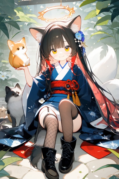 1girl, solo, long hair, looking at viewer, smile, bangs, black hair, thighhighs, long sleeves, animal ears, sitting, tail, yellow eyes, weapon, red hair, multicolored hair, boots, japanese clothes, wide sleeves, blunt bangs, kimono, fox ears, mask, garter straps, halo, floral print, fox girl, fishnets, black kimono, fishnet thighhighs,
