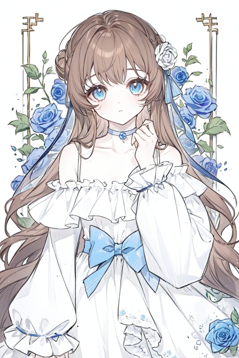  1girl, bare_shoulders,beauty face,PERFECT FACE,(white skin with light:1.2) white_bow, blue_eyes, blue_flower, blue_ribbon, blue_rose, bow, choker, closed_mouth, collarbone, double_bun, brown hair, dress, eyebrows_visible_through_hair, flower, frills,hair_flower,  long_hair, long_sleeves, looking_at_viewer, off-shoulder_dress, off_shoulder, ribbon, rose, sitting, sleeves_past_wrists, solo, very_long_hair, white_dress, white_flower, white_rose, wide_sleeves, eluosi