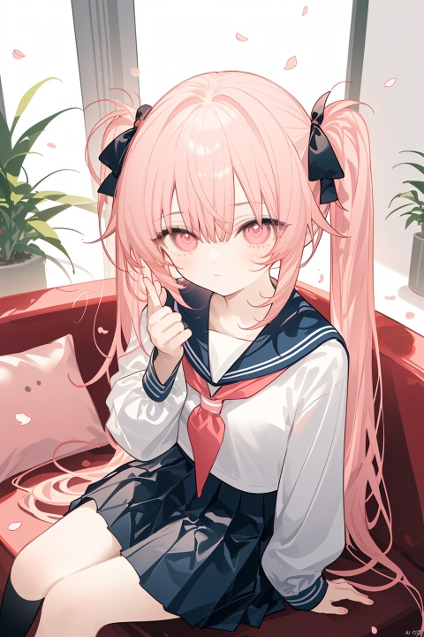  Character Features:

11girl, solo, long_hair, pink_hair, cherry_blossoms, skirt, very_long_hair, ripples, school_uniform, twintails, black_skirt, reflection, serafuku, from_above, neckerchief, shirt, pleated_skirt, pink_eyes, sailor_collar, long_sleeves, black_shirt, flower, black_serafuku, sitting, water, looking_up, bangs, looking_at_viewer, petals, closed_mouth, black_sailor_collar
Color Suggestions:

Use soft, warm tones like pink, beige, or light purple to create a warm ambiance for the character.

Apply light color contrasts and layers in clothing and background, such as pale blue or off-white, to highlight the figure.

The light and shadow should be soft and natural, simulating natural light to achieve a warm and inviting effect.

Background Suggestions:

Keep it simple, blurry background, using light-toned, undisturbed backgrounds or natural elements like distant hills or gently fluttering curtains to complement the character's tranquility and softness.cherry_blossoms

Consider adding a few faint flowers or delicate plant details to enhance the harmony between the character and her environment.


Posture and Movement:



Relaxed and natural posture,sitting at the sofa,beside the window,

Ensure smooth and graceful hand lines to convey the character's gentleness and delicacy.


I hope these suggestions inspire you as you create your gentle female character. Remember to relax and enjoy the process, infusing the character with your own emotions and stories., nai3