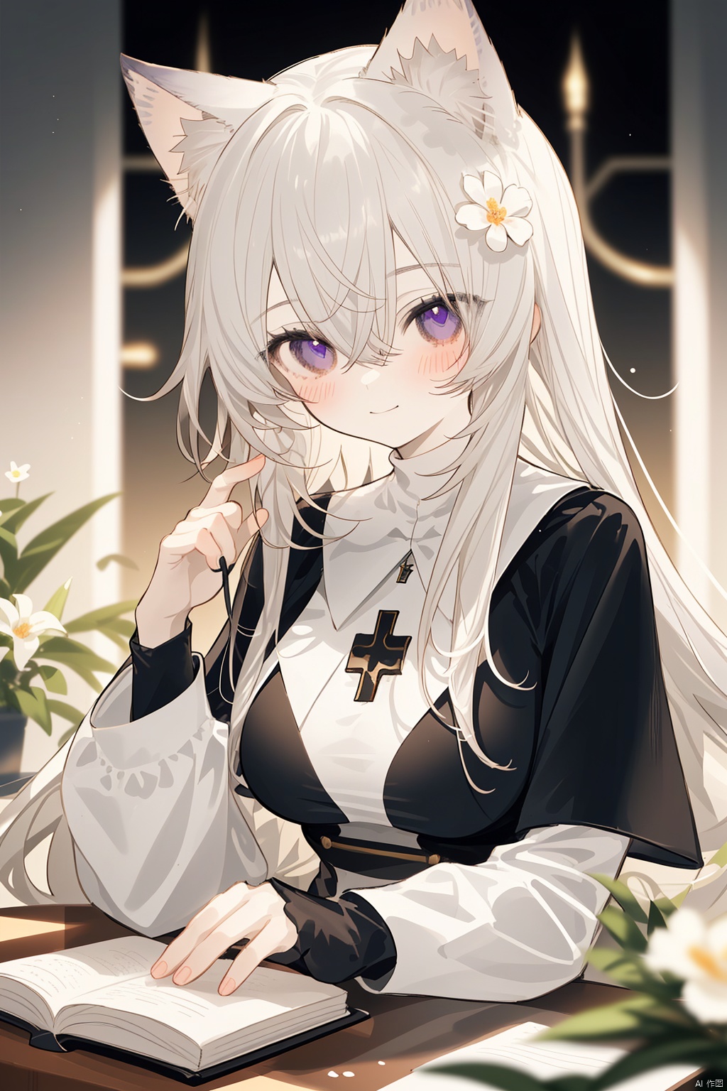  Character Features:

1girl, solo, long hair, breasts, blurry_background, blush, smile, bangs, gloves, long sleeves, nun dress, holding, animal ears, hair between eyes, jewelry, closed mouth, purple eyes, upper body, flower, white hair, virtual youtuber, necklace, black dress, animal ear fluff, cross, holding flower,church, nun,
Color Suggestions:

Use soft, warm tones like pink, beige, or light purple to create a warm ambiance for the character.

Apply light color contrasts and layers in clothing and background, such as pale blue or off-white, to highlight the figure.

The light and shadow should be soft and natural, simulating natural light to achieve a warm and inviting effect.

Background Suggestions:

Keep it simple, blurry background, using light-toned, undisturbed backgrounds or natural elements like distant hills or gently fluttering curtains to complement the character's tranquility and softness.

Consider adding a few faint flowers or delicate plant details to enhance the harmony between the character and her environment.


Posture and Movement:



Relaxed and natural posture, either sitting or standing, with gentle movements such as lightly touching a flower, playing with a cat, or quietly reading a book.

Ensure smooth and graceful hand lines to convey the character's gentleness and delicacy.


I hope these suggestions inspire you as you create your gentle female character. Remember to relax and enjoy the process, infusing the character with your own emotions and stories., nai3