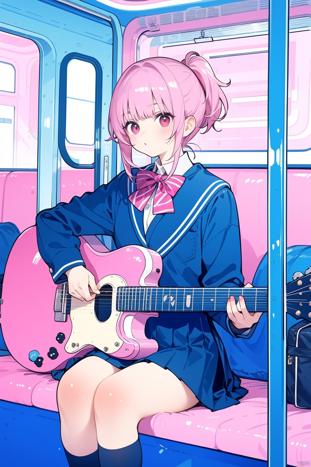  Inside the subway car, a girl, school uniform, panorama, cute girl, playing a guitar, fresh, sitting,pink theme