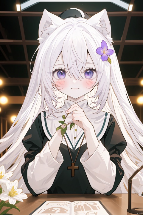  Character Features:

1girl, solo, long hair, breasts, blurry_background, blush, smile, bangs, gloves, long sleeves, nun dress, holding, animal ears, hair between eyes, jewelry, closed mouth, purple eyes, upper body, flower, white hair, virtual youtuber, necklace, black dress, animal ear fluff, cross, holding flower,church, nun,
Color Suggestions:

Use soft, warm tones like pink, beige, or light purple to create a warm ambiance for the character.

Apply light color contrasts and layers in clothing and background, such as pale blue or off-white, to highlight the figure.

The light and shadow should be soft and natural, simulating natural light to achieve a warm and inviting effect.

Background Suggestions:

Keep it simple, blurry background, using light-toned, undisturbed backgrounds or natural elements like distant hills or gently fluttering curtains to complement the character's tranquility and softness.

Consider adding a few faint flowers or delicate plant details to enhance the harmony between the character and her environment.


Posture and Movement:



Relaxed and natural posture, either sitting or standing, with gentle movements such as lightly touching a flower, playing with a cat, or quietly reading a book.

Ensure smooth and graceful hand lines to convey the character's gentleness and delicacy.


I hope these suggestions inspire you as you create your gentle female character. Remember to relax and enjoy the process, infusing the character with your own emotions and stories., nai3