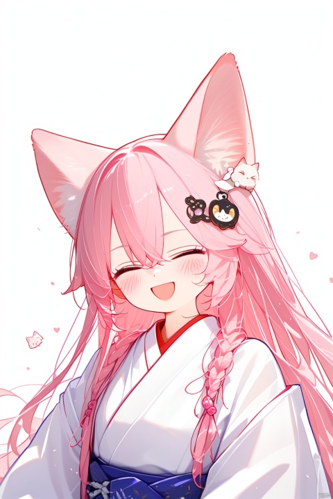 1girl, solo, long hair, blush, smile, open mouth, bangs, simple background, hair ornament, long sleeves, white background, animal ears, hair between eyes, closed eyes, upper body, pink hair, japanese clothes, wide sleeves, chibi, fox ears, ^ ^, yae miko