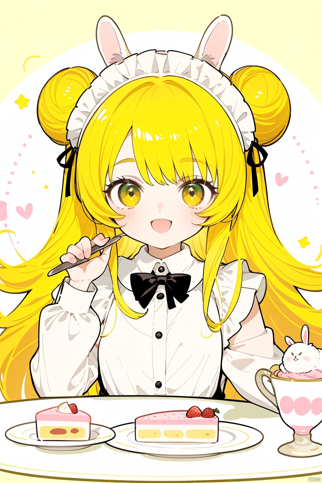  A cute girl sits at a round table with many cakes in fresh and cute colors, double hair bun , bunny girl, :d, light yello hair, long hair, maid_uniform, loli, wink, raise hand, hand with fork, nai3