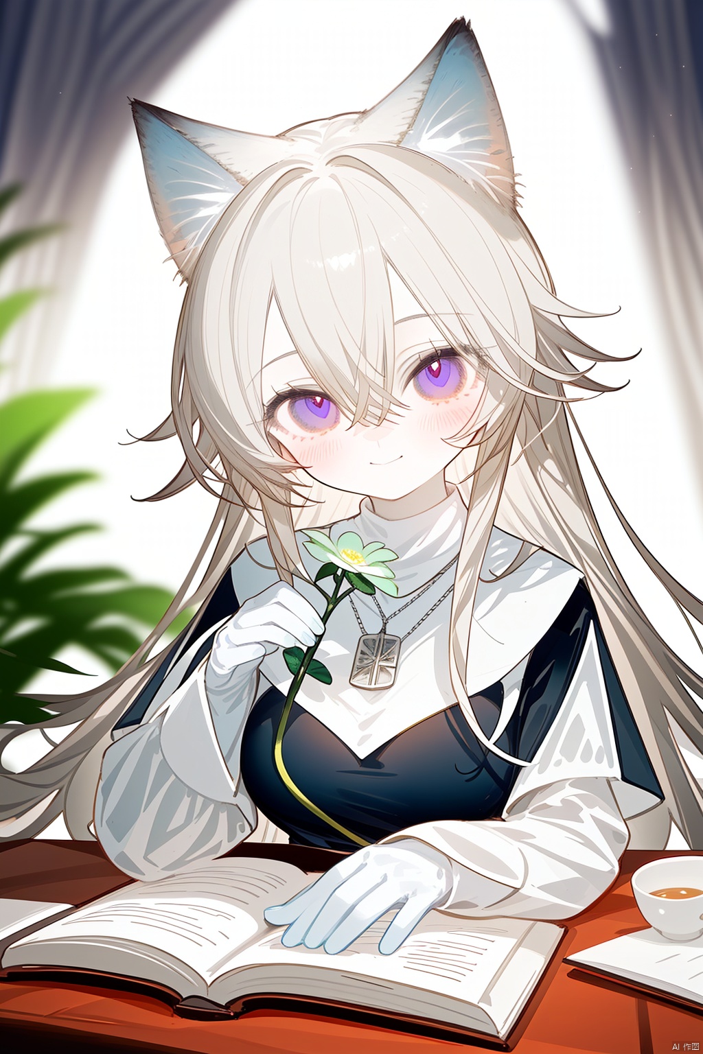  Character Features:

1girl, solo, long hair, breasts, blurry_background, blush, smile, bangs, gloves, long sleeves, nun dress, holding, animal ears, hair between eyes, jewelry, closed mouth, purple eyes, upper body, flower, white hair, virtual youtuber, necklace, black dress, animal ear fluff, cross, holding flower,church, nun,
Color Suggestions:

Use soft, warm tones like pink, beige, or light purple to create a warm ambiance for the character.

Apply light color contrasts and layers in clothing and background, such as pale blue or off-white, to highlight the figure.

The light and shadow should be soft and natural, simulating natural light to achieve a warm and inviting effect.

Background Suggestions:

Keep it simple, blurry background, using light-toned, undisturbed backgrounds or natural elements like distant hills or gently fluttering curtains to complement the character's tranquility and softness.

Consider adding a few faint flowers or delicate plant details to enhance the harmony between the character and her environment.


Posture and Movement:



Relaxed and natural posture, either sitting or standing, with gentle movements such as lightly touching a flower, playing with a cat, or quietly reading a book.

Ensure smooth and graceful hand lines to convey the character's gentleness and delicacy.


I hope these suggestions inspire you as you create your gentle female character. Remember to relax and enjoy the process, infusing the character with your own emotions and stories., nai3