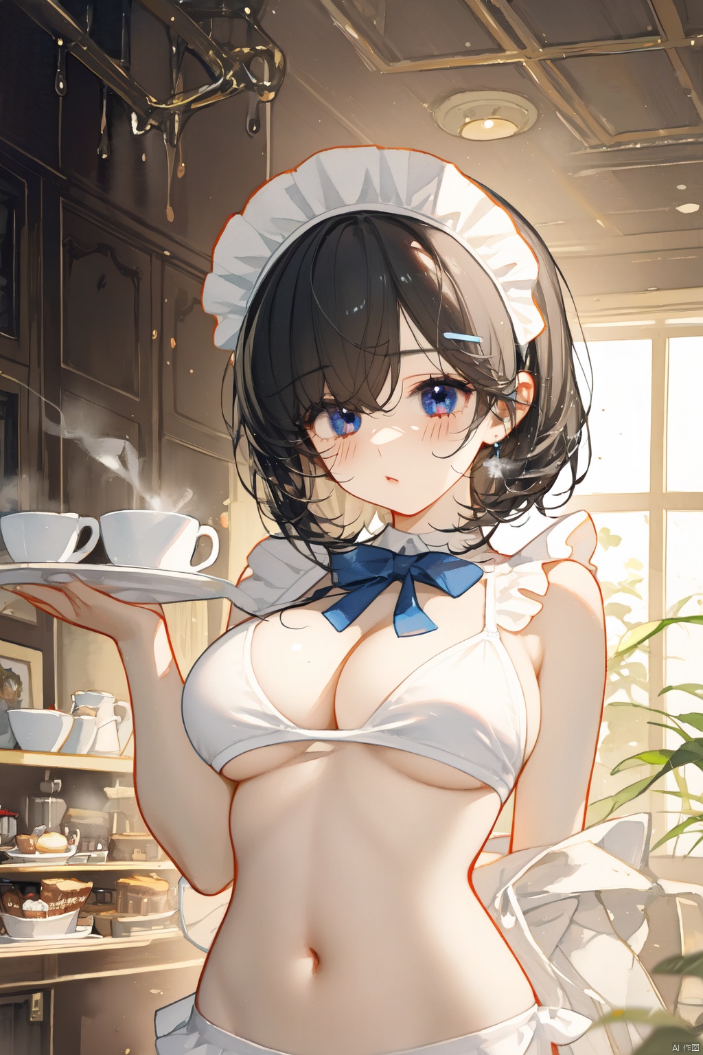 (((Maid Cafe Art))), ((Watercolor painting)), Maid cafe, ((Best quality)), Low angle view, ((Illustration)), (1 girl),blush, big breast, holding a coffee tray, beautiful detailed maid cafe interior, looking at viewer,bikini, swimsuit naked withand white apron, bare shoulders, lace headband, short bob hair, upper body, lens flare, light leaks, detailed beautiful coffee cups and desserts, maid cafe, black hair, ((Steam)), rising steam flow, navel, (Beautiful detailed eyes), backlight