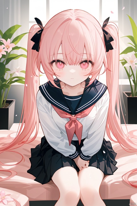  Character Features:

1girl, solo, long_hair, pink_hair, cherry_blossoms, skirt, very_long_hair, ripples, school_uniform, twintails, black_skirt, reflection, serafuku, from_above, neckerchief, shirt, pleated_skirt, pink_eyes, sailor_collar, long_sleeves, black_shirt, flower, black_serafuku, sitting, water, looking_up, bangs, looking_at_viewer, petals, closed_mouth, black_sailor_collar
Color Suggestions:

Use soft, warm tones like pink, beige, or light purple to create a warm ambiance for the character.

Apply light color contrasts and layers in clothing and background, such as pale blue or off-white, to highlight the figure.

The light and shadow should be soft and natural, simulating natural light to achieve a warm and inviting effect.

Background Suggestions:

blurry background, using light-toned, undisturbed backgrounds or natural elements like distant hills or gently fluttering curtains to complement the character's tranquility and softness.

Consider adding a few faint flowers or delicate plant details to enhance the harmony between the character and her environment.

Ensure smooth and graceful hand lines to convey the character's gentleness and delicacy.