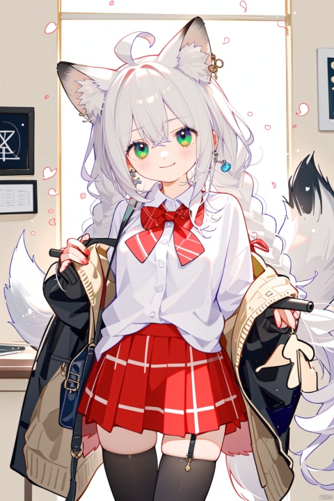 best quality, amazing quality, very aesthetic,single_braid, 1girl, animal_ears, virtual_youtuber, sidelocks, tail, shirakami_fubuki, green_eyes, hair_between_eyes, looking_at_viewer, fox_ears, fox_girl, bangs, fox_tail, braid, skirt, long_hair, white_shirt, blush, thighhighs, cardigan, bag, ahoge, red_bow, solo, shirt, fox_shadow_puppet, bow, white_hair, holding, chalk, indoors, black_thighhighs, red_bowtie, plaid_skirt, bowtie, smile, plaid, school_uniform, petals, yellow_cardigan, pleated_skirt, collared_shirt, hand_in_pocket, red_skirt, pentagram, blurry_background, blurry, chalkboard, jewelry, yellow_sweater, heart, breasts, earrings, small_breasts, long_sleeves