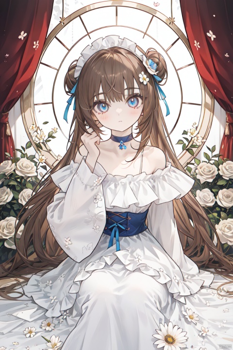  1girl, bangs, bare_shoulders, bird, white_bow, blue_eyes, blue_flower, blue_ribbon, blue_rose, bow, choker, closed_mouth, collarbone, double_bun, brown hair, dress, eyebrows_visible_through_hair, flower, frills,hair_flower,  long_hair, long_sleeves, looking_at_viewer, off-shoulder_dress, off_shoulder, ribbon, rose, sitting, sleeves_past_wrists, solo, very_long_hair, white_dress, white_flower, white_rose, wide_sleeves