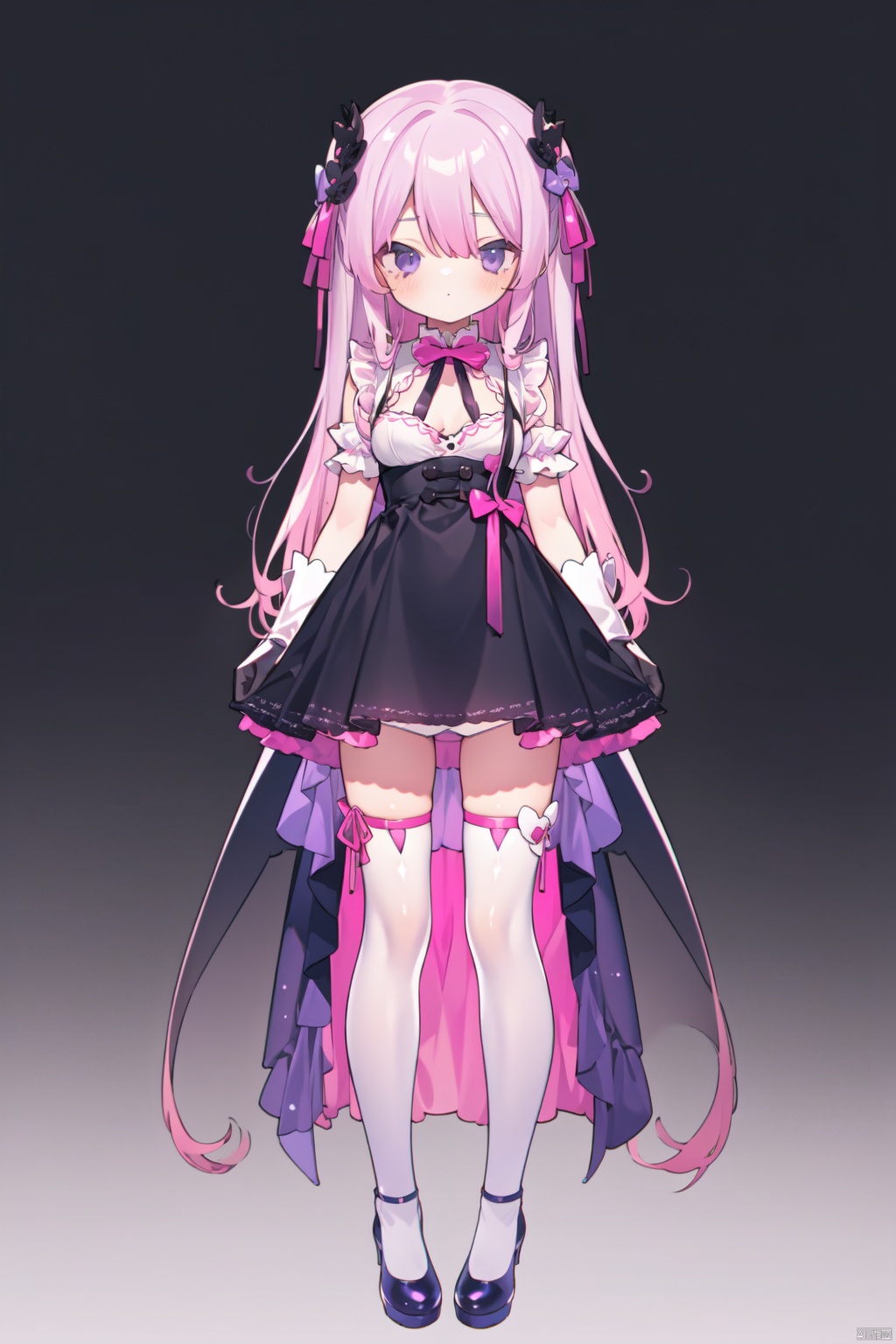  loli,petite,1girl, purple_eyes, bow, breasts, dress, full_body, gloves, gradient, gradient_background, grey_background, hair_bow, long_hair, breasts, panties, pink_bow, ribbon, solo, standing, thighhighs, underwear, very_long_hair, black_dress,