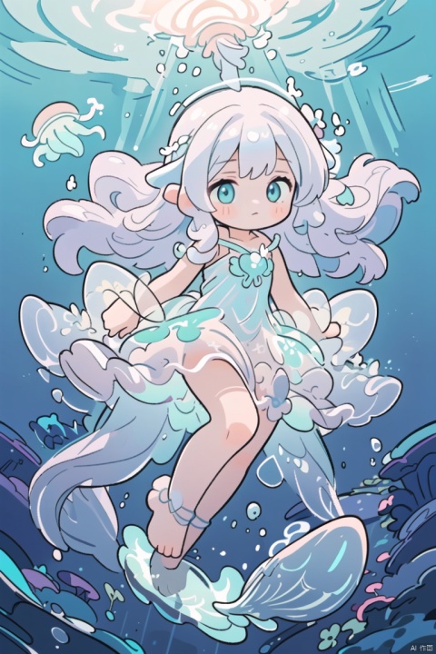  (girl with jellyfish motif:1.3), (flowing translucent dress:1.2), (luminous glow:1.3), (long wavy hair resembling tentacles:1.2), (delicate and graceful movements:1.3), (underwater ambiance:1.2), (floating effortlessly:1.2), (soft pastel colors:1.1), (ethereal beauty:1.3), (surrounded by small jellyfish:1.2), (gentle expression:1.1), (reflective eyes like deep sea:1.2), (barefoot with delicate feet:1.0), (ambient bubbles around:1.1), (mysterious aura:1.2), nsfw, multiple girls