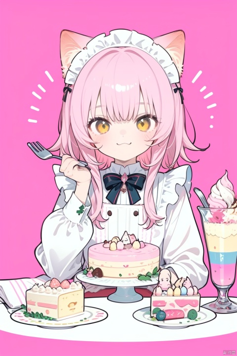 loli, A cute girl sits at a round table with many cakes in fresh and cute colors, catgirl, smile, pink hair,  girly_hair, maid_uniform, wink, hand with fork, ice cream, Various desserts, Soft color scheme