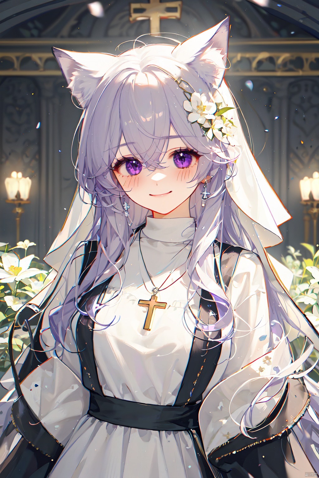 1girl, solo, long hair, breasts, blurry_background, blush, smile, bangs, gloves, long sleeves, nun dress, holding, animal ears, hair between eyes, jewelry, closed mouth, purple eyes, upper body, flower, white hair, virtual youtuber, necklace, black dress, animal ear fluff, cross,  holding flower,church, nun, 